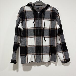 Cynthia Rowley Black Brown Beige Plaid Hooded Zipper Cozy Sweater Women Size XL